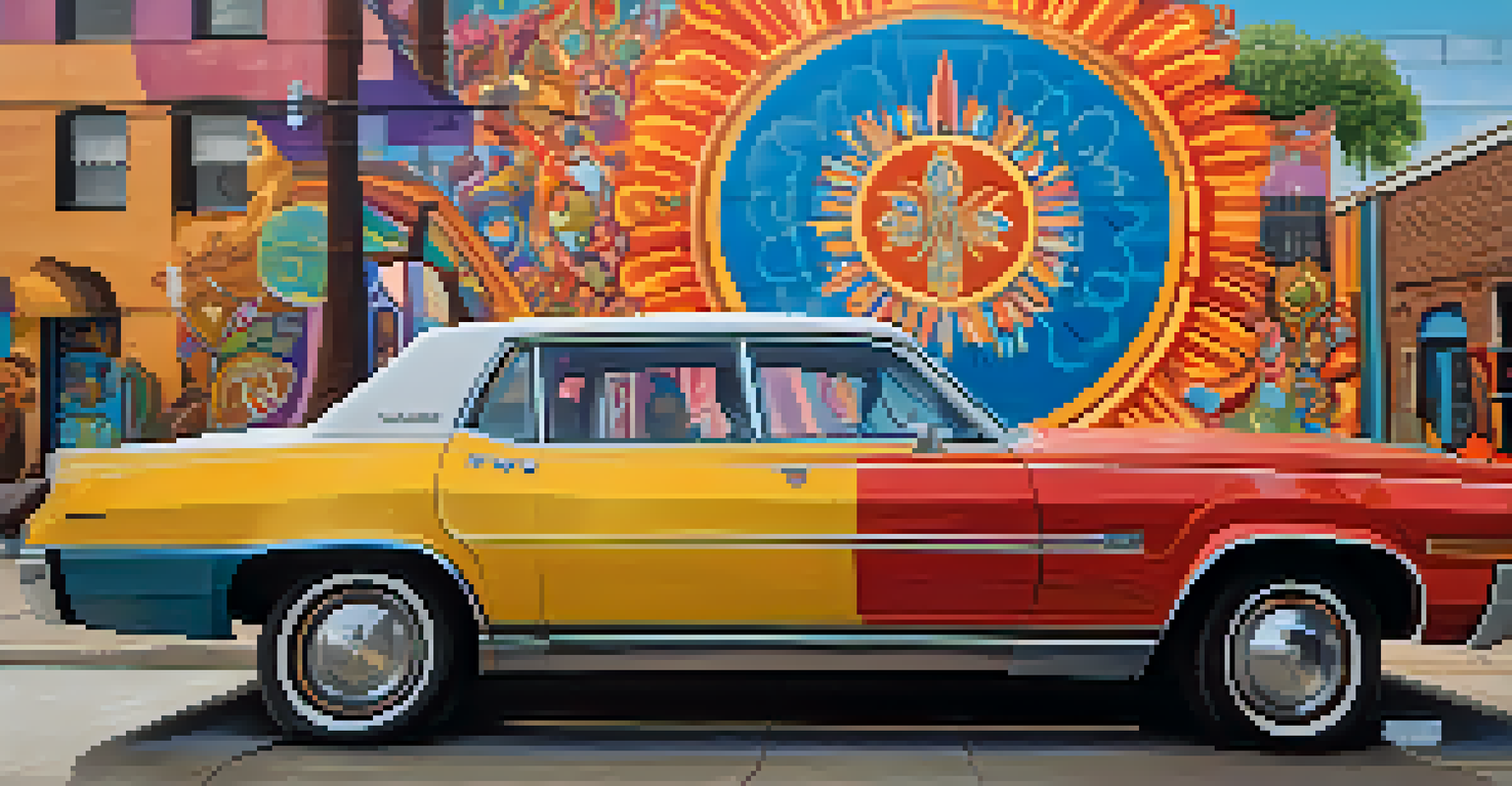 A colorful street mural showcasing spiritual symbols and community stories in an urban environment.
