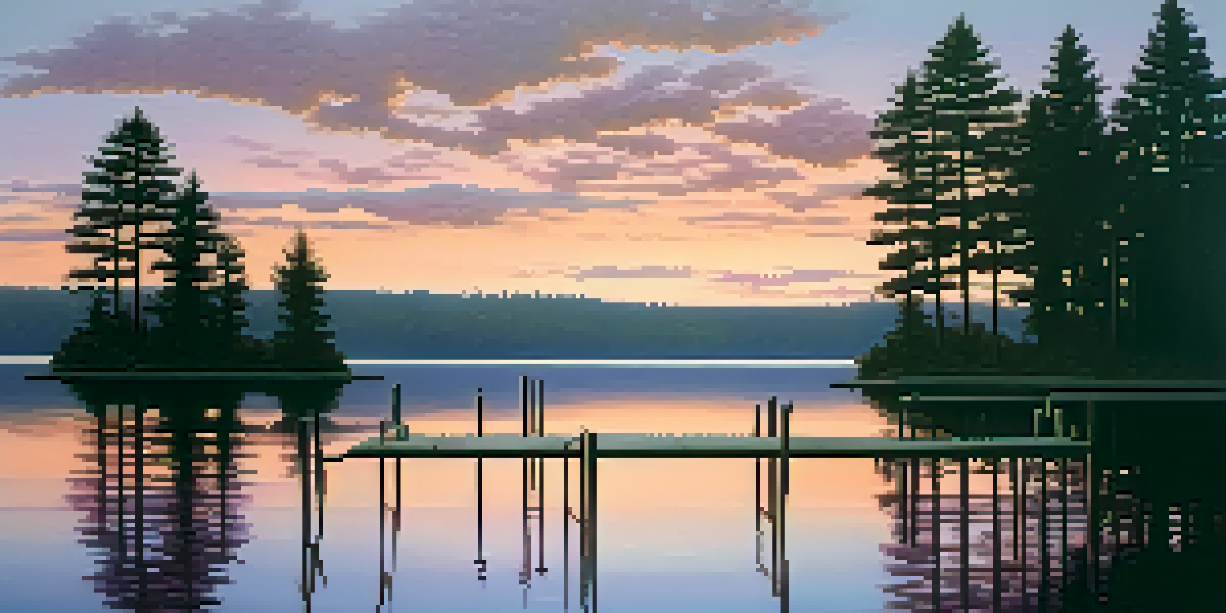 A peaceful sunrise over a tranquil lake with pastel colors reflecting on the water and a wooden dock.
