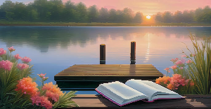 A peaceful sunrise over a calm lake with a wooden dock and an open journal, symbolizing gratitude.