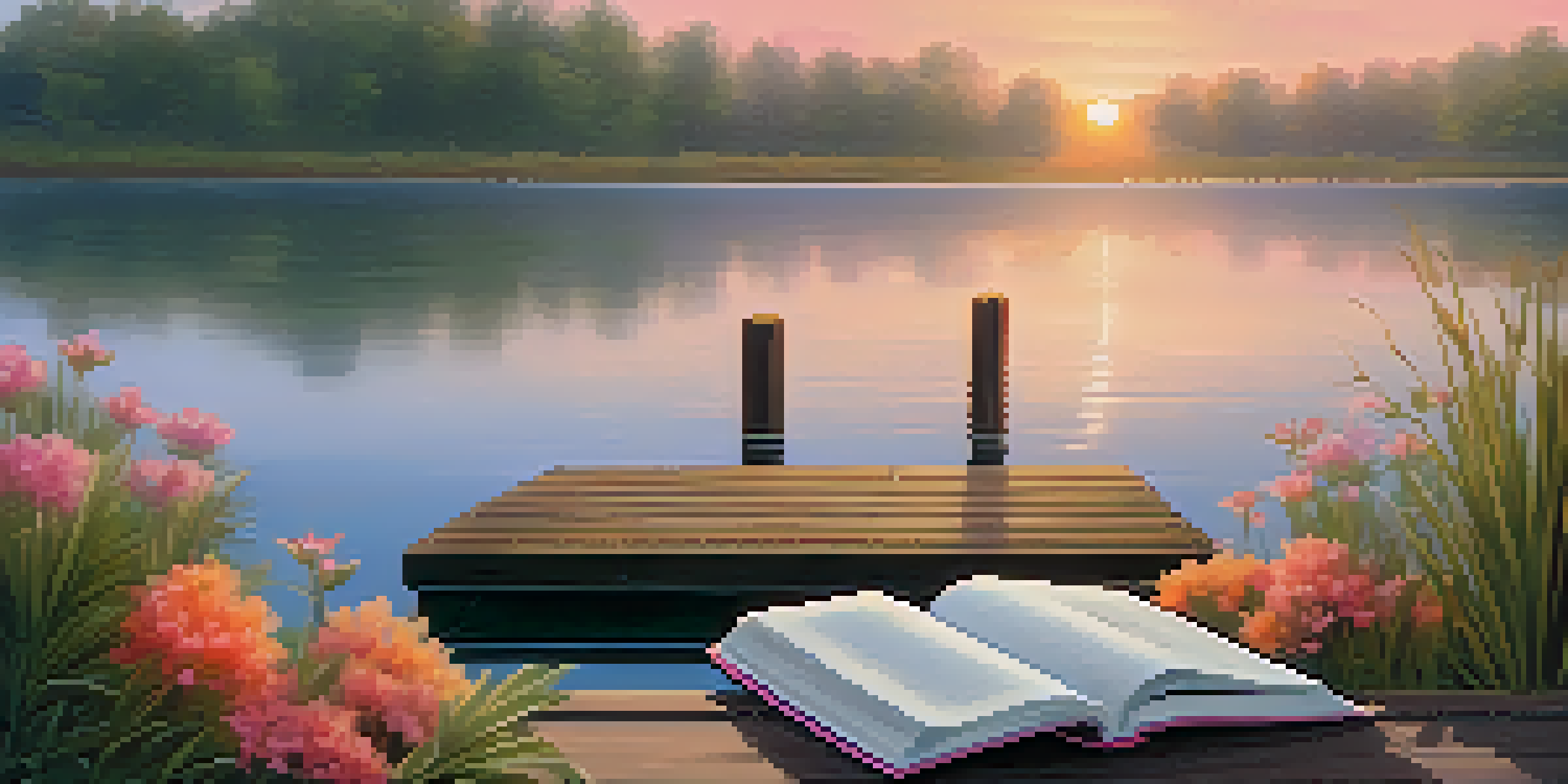 A peaceful sunrise over a calm lake with a wooden dock and an open journal, symbolizing gratitude.