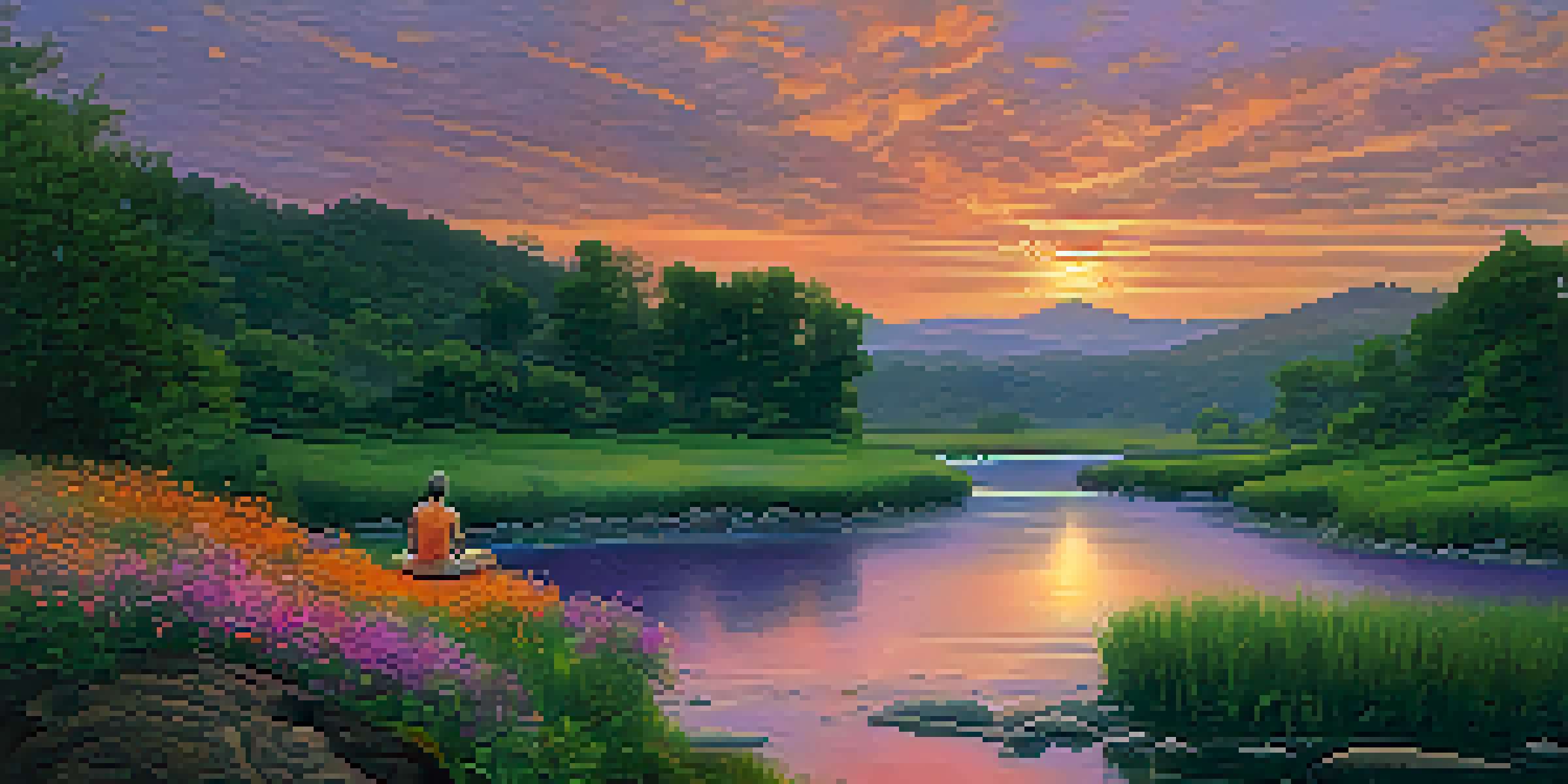 A peaceful scene of a river at sunset with a meditating figure on a rock, surrounded by greenery and colorful reflections in the water.