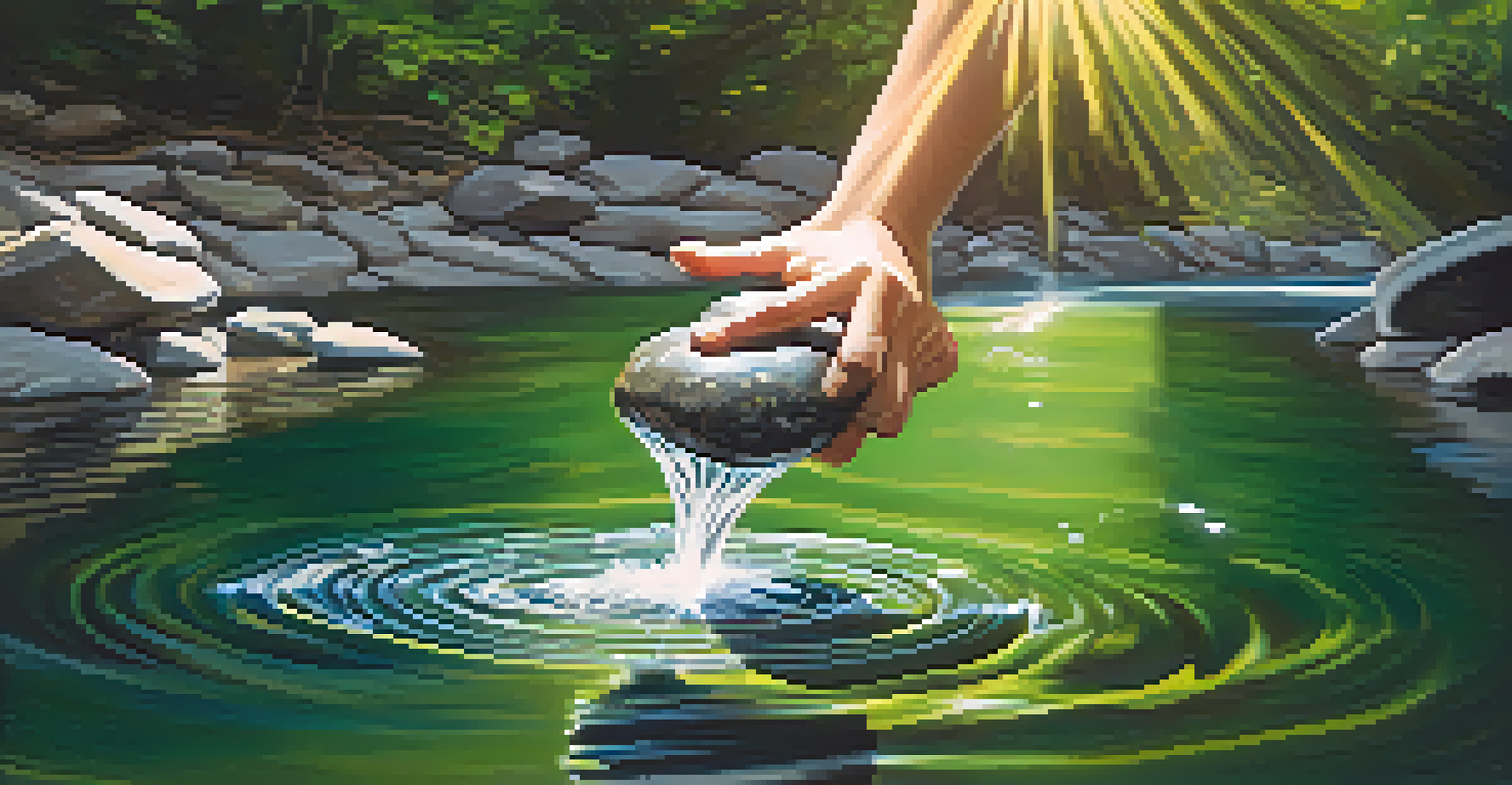 A hand releasing a heavy stone into a flowing river, with splashes and sunlight reflecting off the water, symbolizing the act of letting go.
