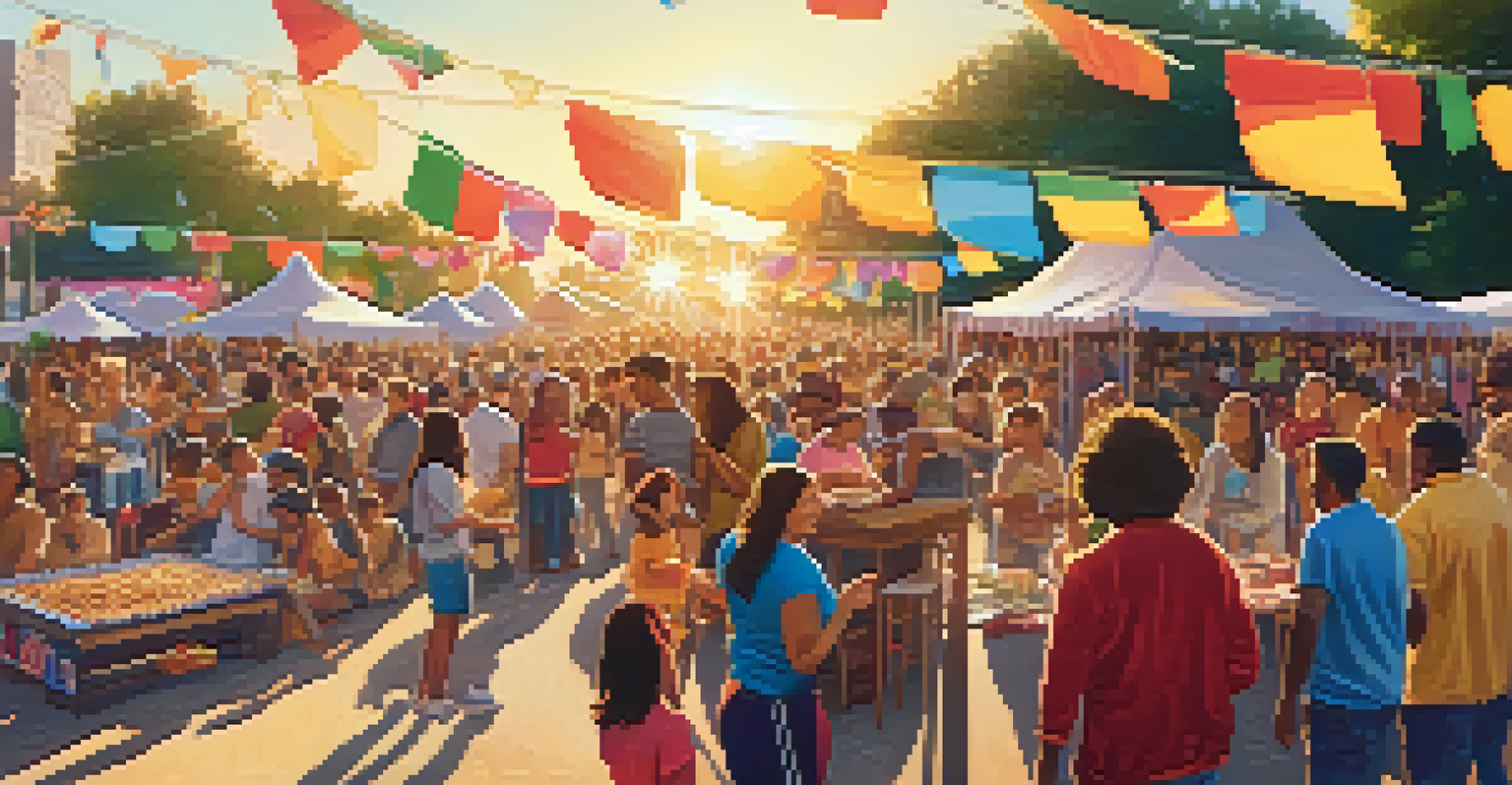 A lively community festival with diverse individuals enjoying food and entertainment under colorful banners, illuminated by the warm glow of a setting sun.