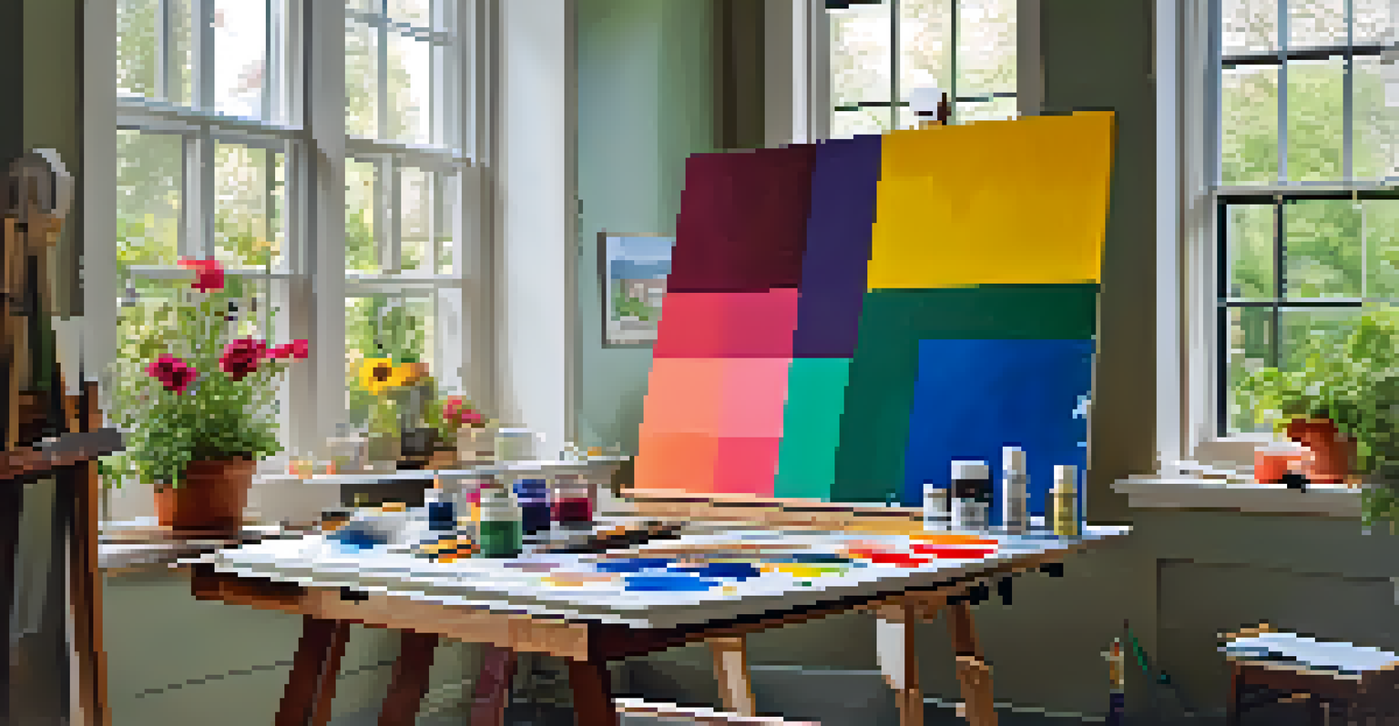 An inspiring artist's studio with bright sunlight, a large colorful canvas, scattered brushes and paints, and a view of a lush garden through the window.