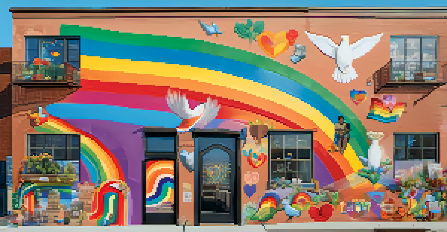 A colorful mural featuring LGBTQ+ symbols and spiritual icons painted on an urban wall, showcasing themes of love and acceptance.