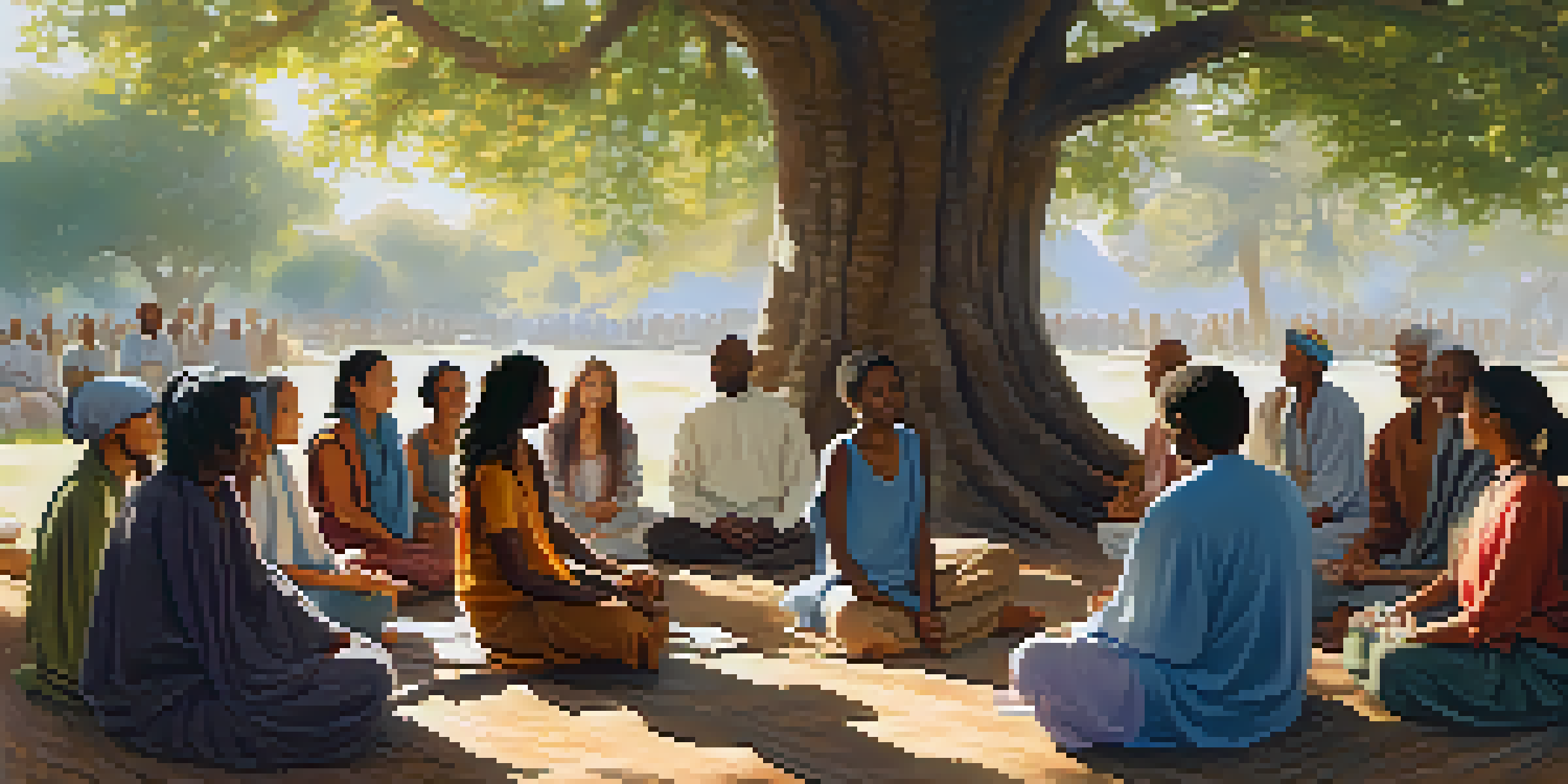 A diverse group of people sitting in a circle under a large tree, meditating together in a peaceful outdoor setting.