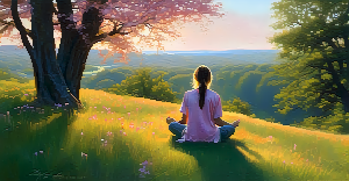 A person meditating in prayer on a grassy hill during sunrise, surrounded by flowers and trees.