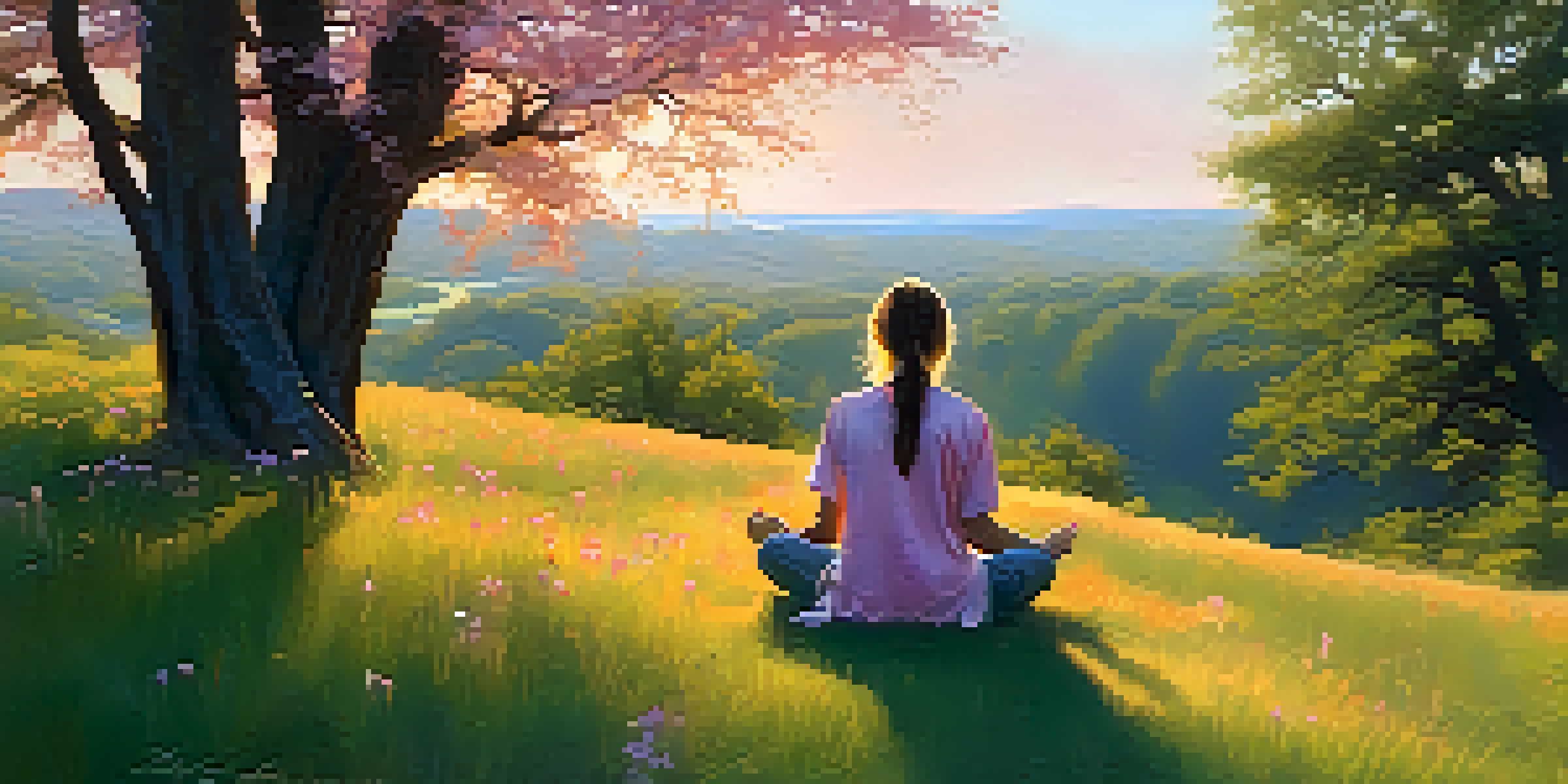 A person meditating in prayer on a grassy hill during sunrise, surrounded by flowers and trees.