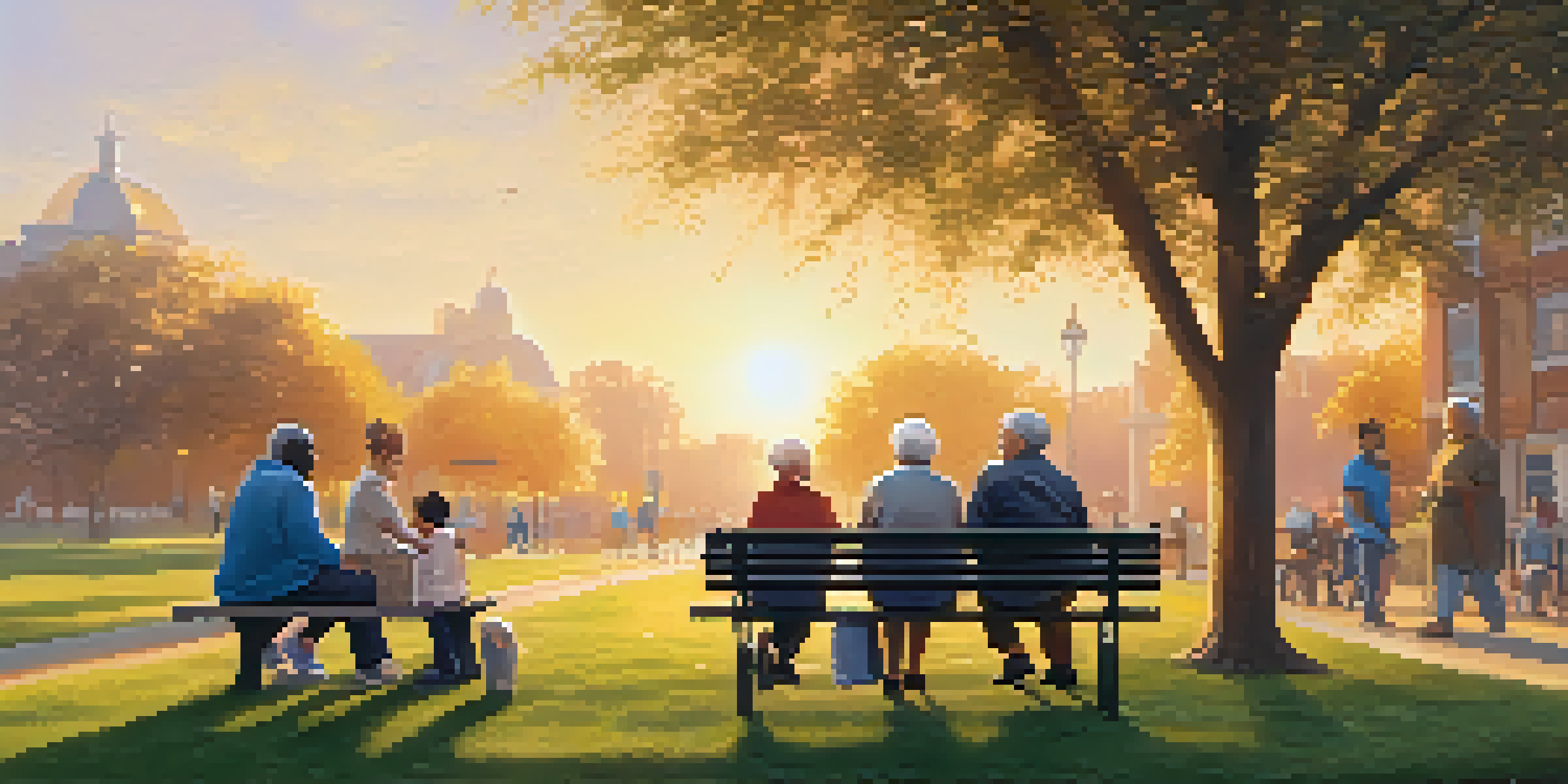 A peaceful park at sunrise where people are performing acts of kindness, like helping each other and sharing smiles.