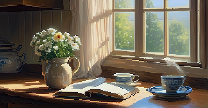 A cozy kitchen with a cup of tea, a journal, a pen, and flowers on a wooden table, illuminated by soft morning sunlight.