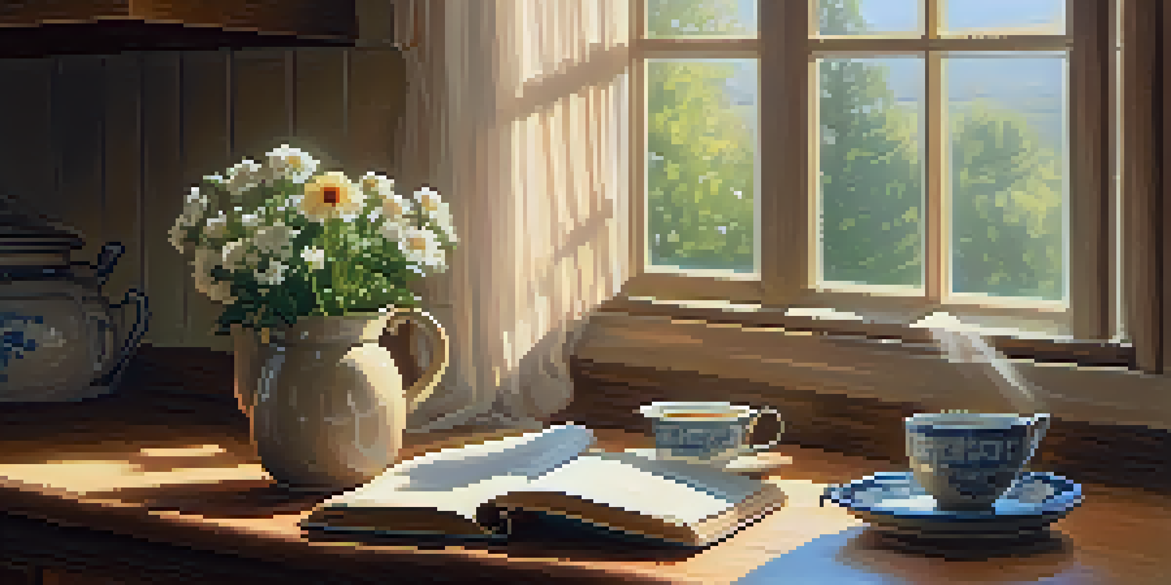 A cozy kitchen with a cup of tea, a journal, a pen, and flowers on a wooden table, illuminated by soft morning sunlight.