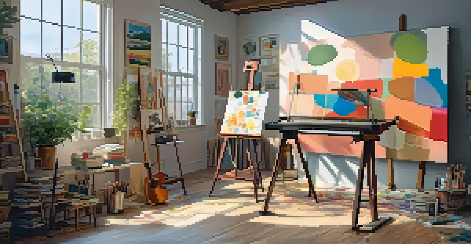 An artist's studio with a colorful canvas, brushes, and paint tubes in a bright room.