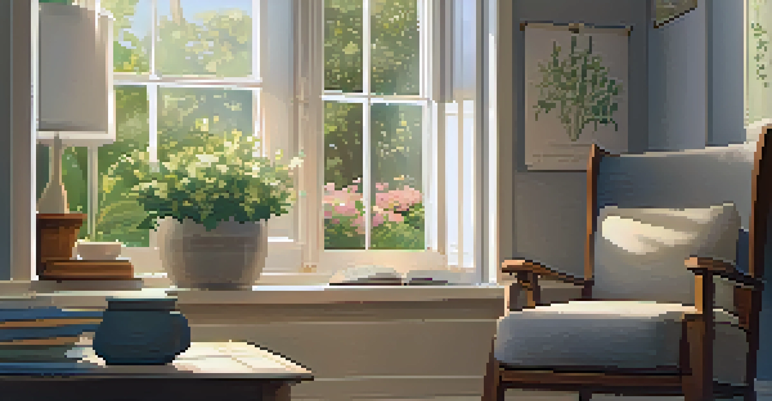 A cozy room with a chair by a window, a journal, and a cup of tea, inviting reflection and mindfulness.