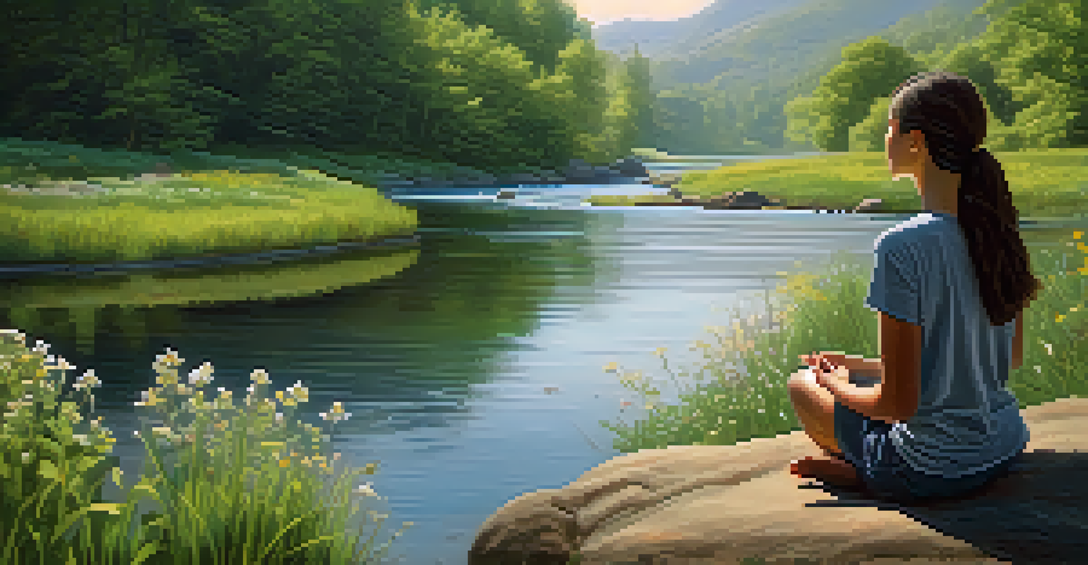 A tranquil river scene with a person meditating on a rock, surrounded by greenery and wildflowers, illuminated by soft morning light.