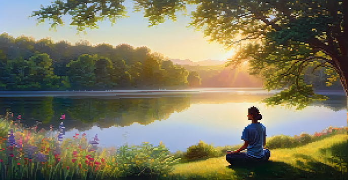 A person meditating by a calm lake at sunrise, surrounded by greenery and flowers.