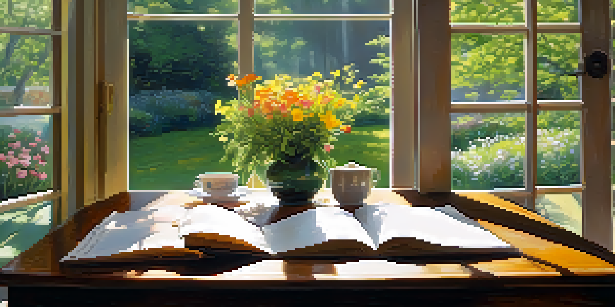 A person writing in a gratitude journal at a table by a window, with sunlight filtering through and a view of a lush garden outside.