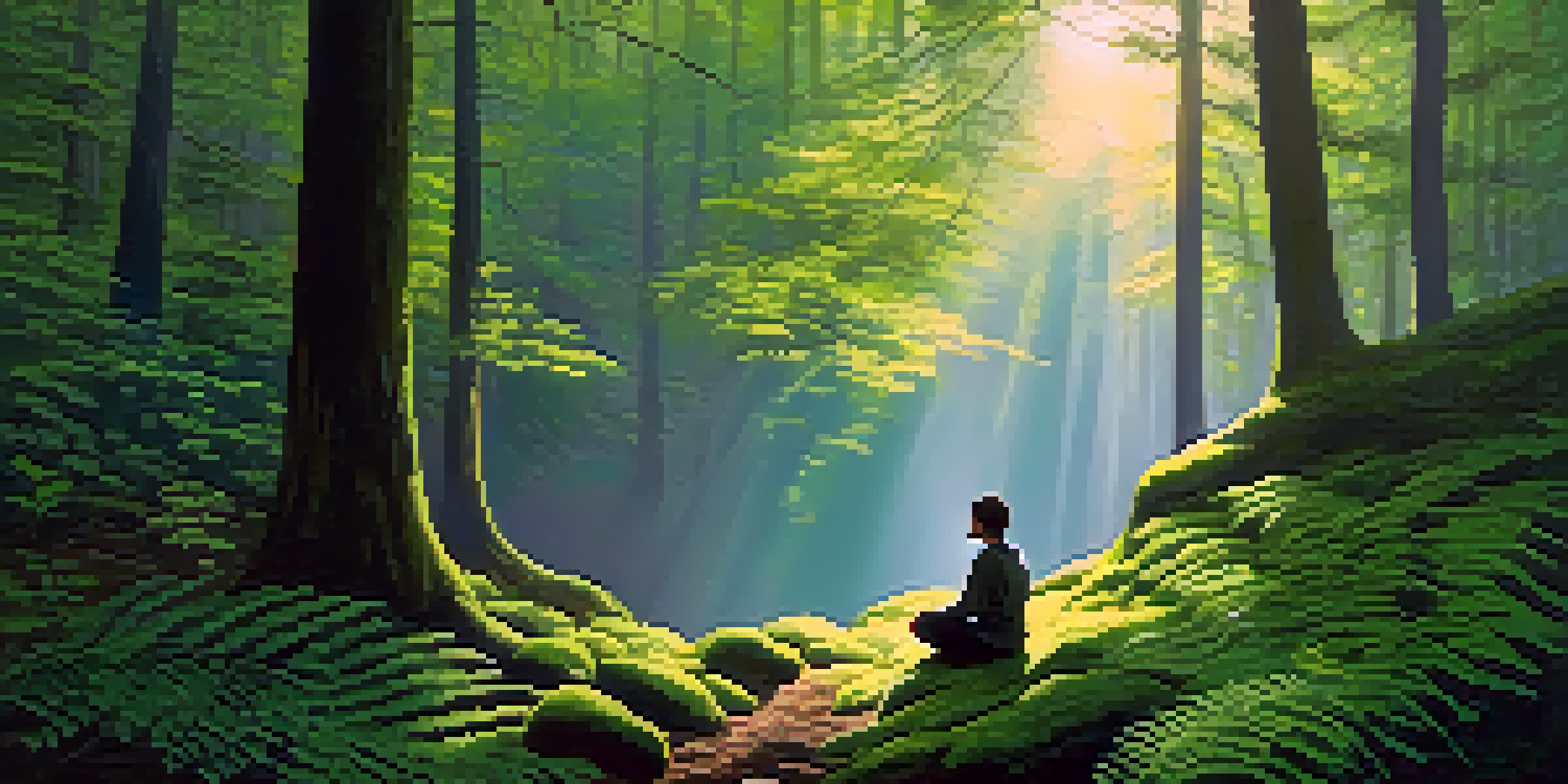 A peaceful person meditating in a sunlit forest, surrounded by trees and ferns.