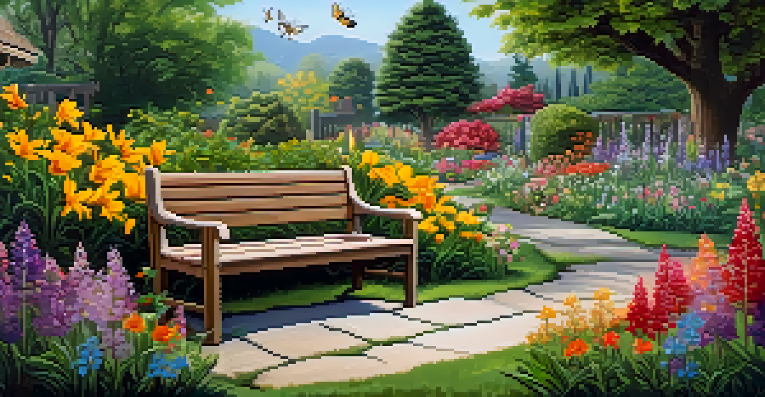 A vibrant garden filled with colorful flowers, greenery, and a wooden bench under a blooming tree.
