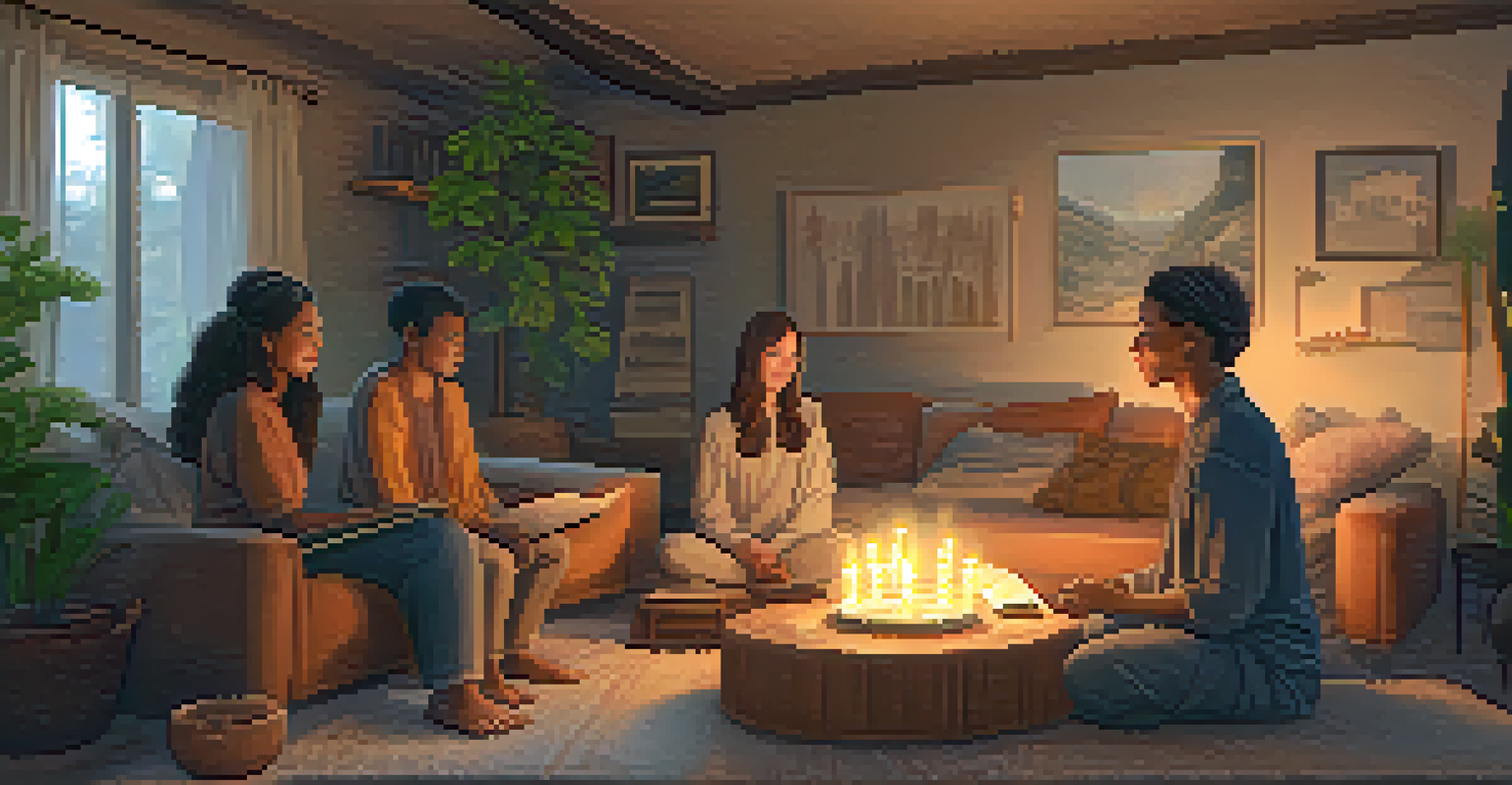 A family sitting in a circle in a cozy living room, sharing their spiritual practices with various objects.
