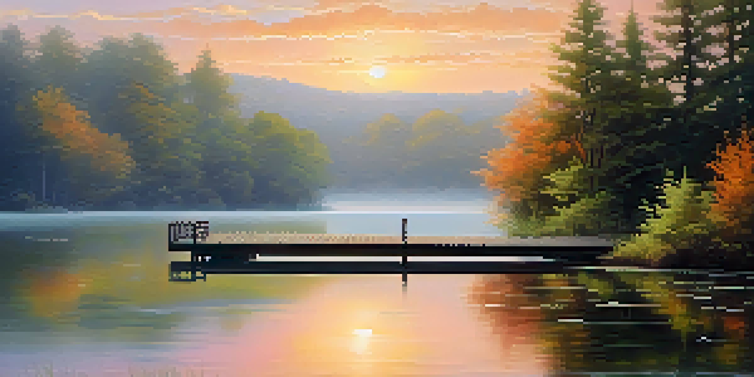 A peaceful sunrise over a calm lake with mist and lush trees, featuring a wooden dock in the foreground.