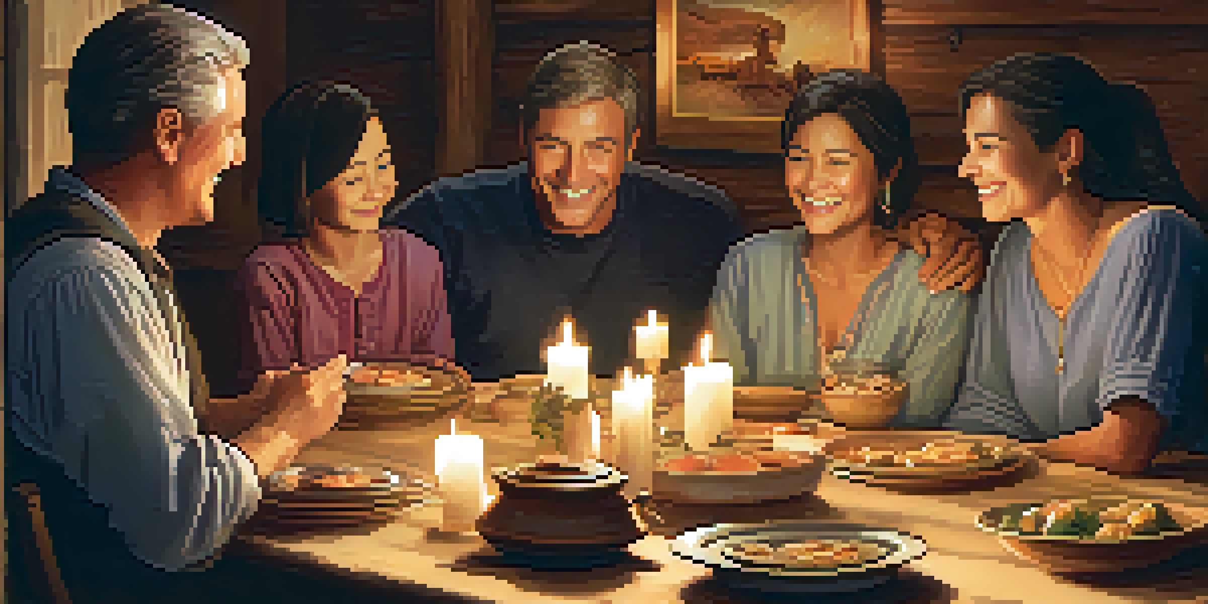 A family gathered around a wooden table sharing food and stories, with warm candlelight and natural light creating a cozy atmosphere.
