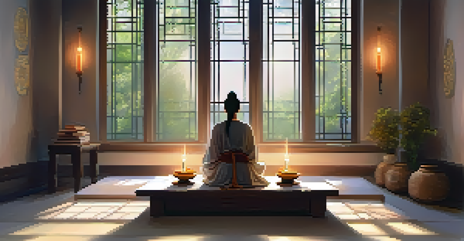 A cozy meditation space with cushions and candles, where a person is meditating in a calming environment filled with natural light.