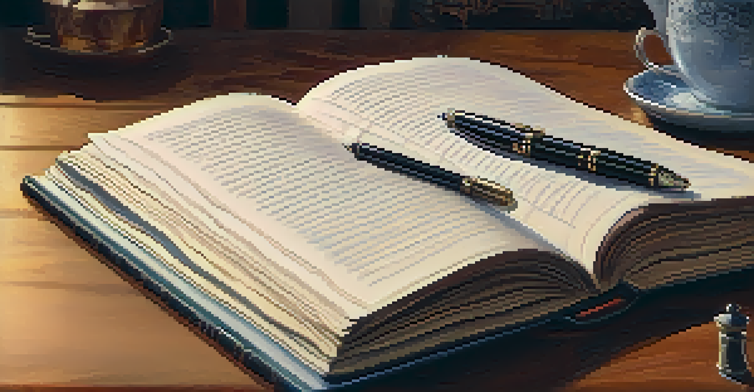 A close-up of a hand writing in a journal with a fountain pen, surrounded by a cozy nook with a blanket, a cup of tea, and soft lighting.