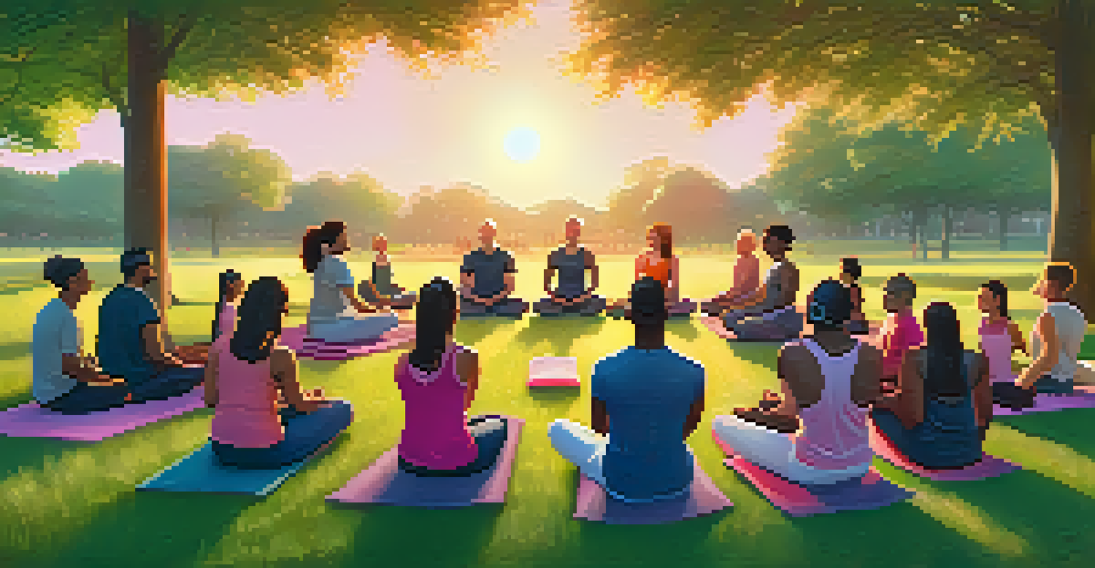 A group of people meditating together in a park during sunset, creating a sense of community.