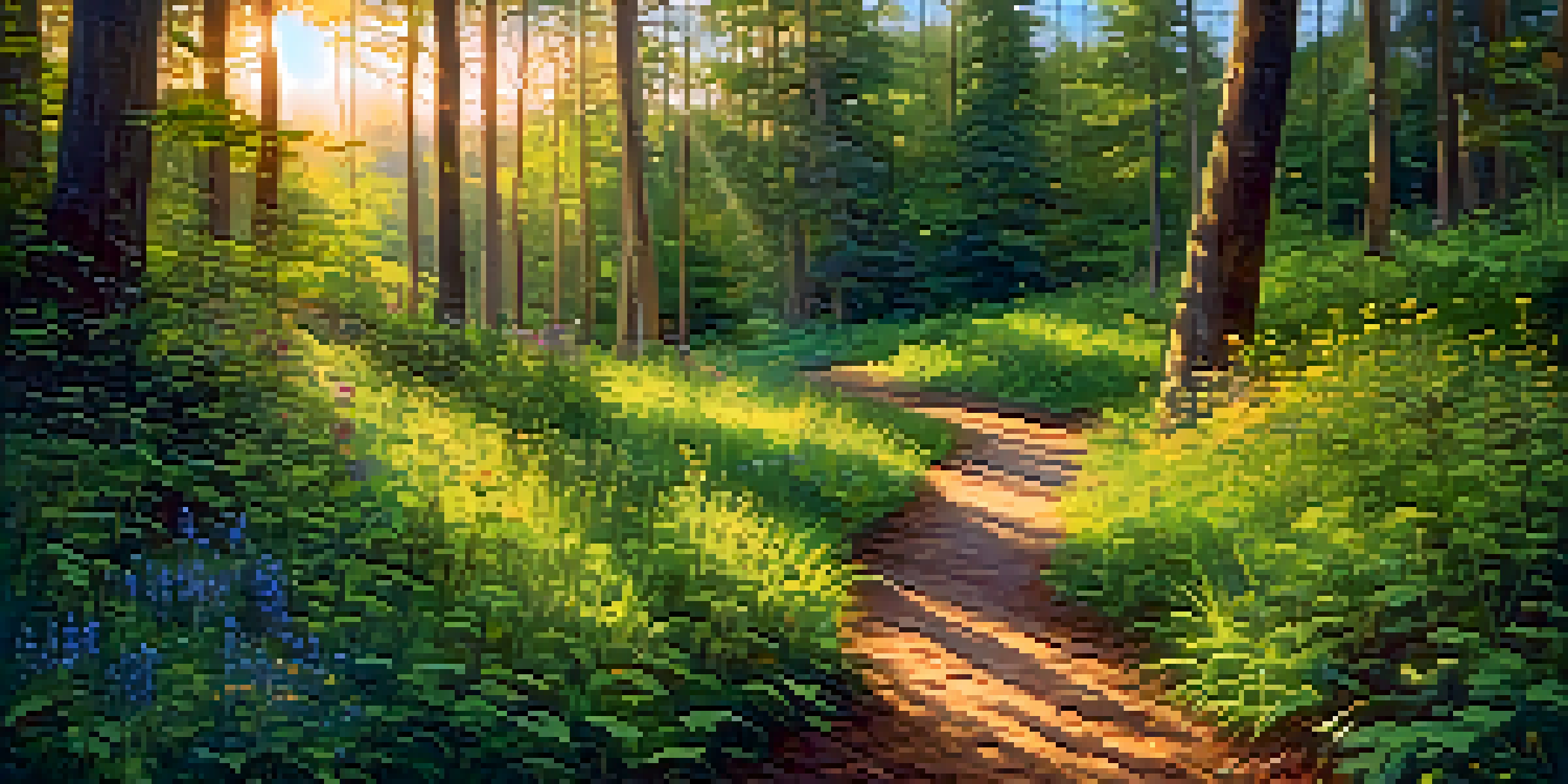 A peaceful forest path illuminated by golden sunlight, with a lone pilgrim walking amidst lush greenery and wildflowers.