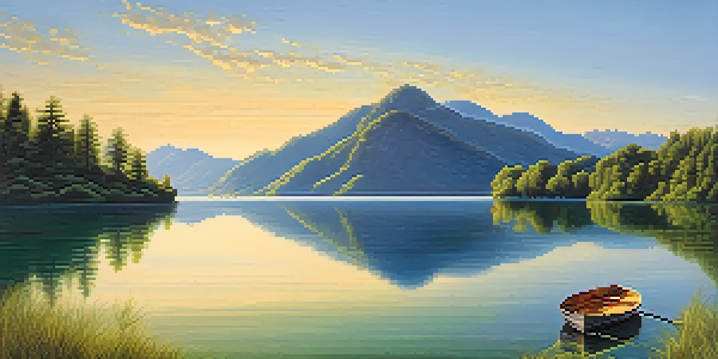 A peaceful lake surrounded by green mountains with a clear blue sky, reflecting the morning sun.