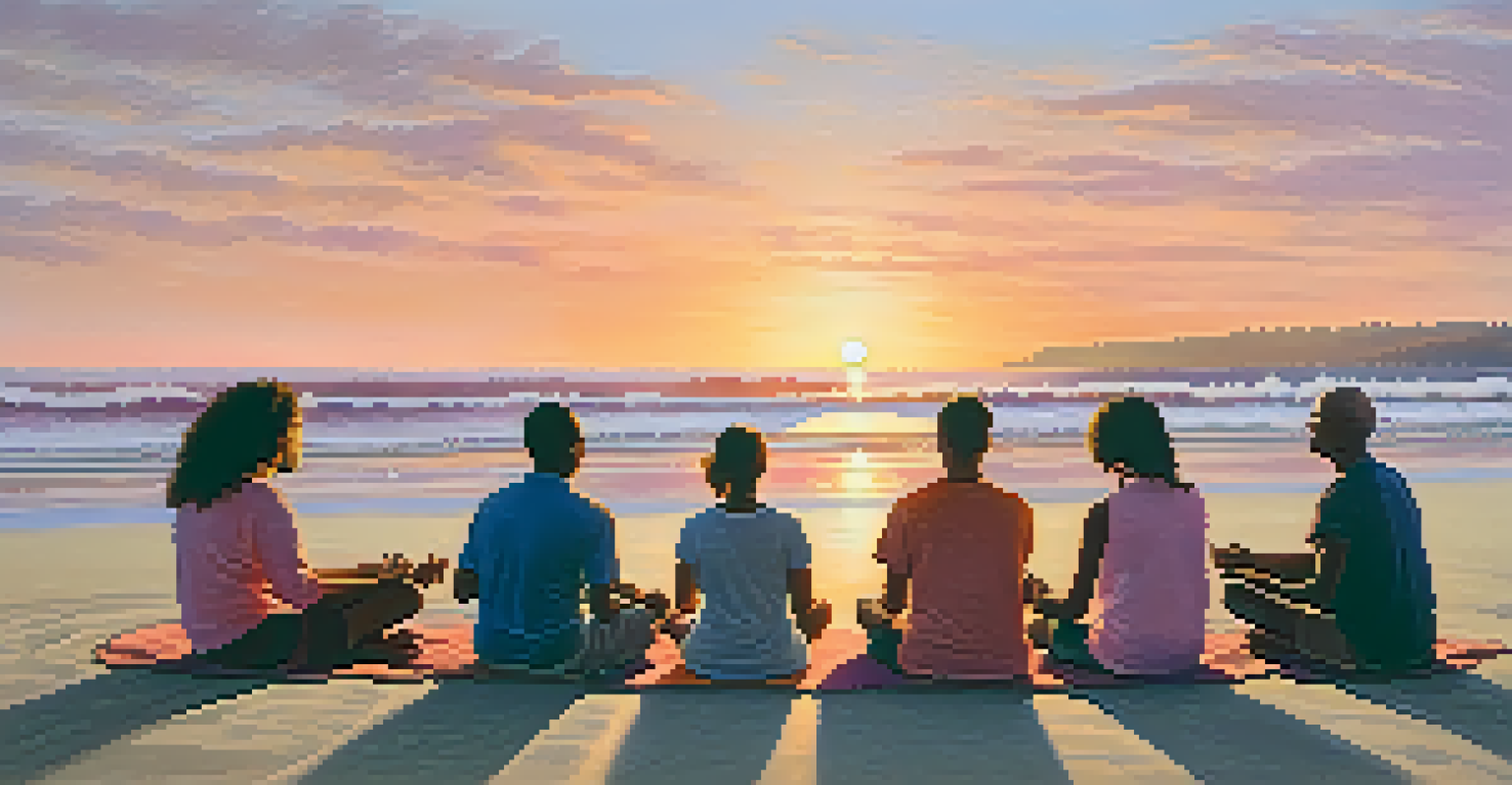 A group of people meditating together on a beach at sunset, with colorful skies and gentle waves in the background.