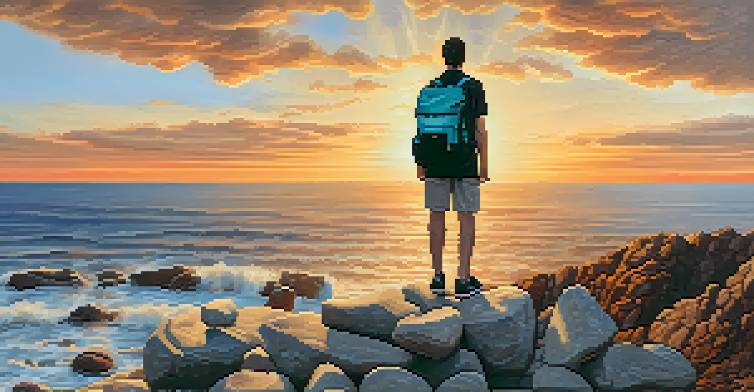 A person setting down a heavy backpack filled with stones on a cliff, against a backdrop of a sunset, symbolizing release and freedom.