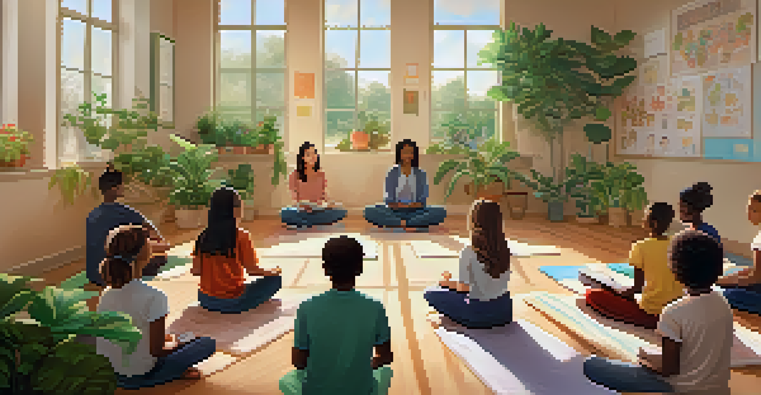 A diverse group of students practicing mindfulness meditation in a warm and inviting classroom with a caring teacher.