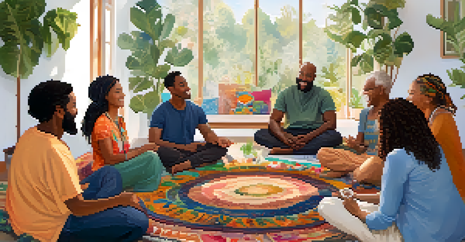 A diverse group of individuals sitting in a circle, engaging in a spiritual workshop, surrounded by vibrant decor.