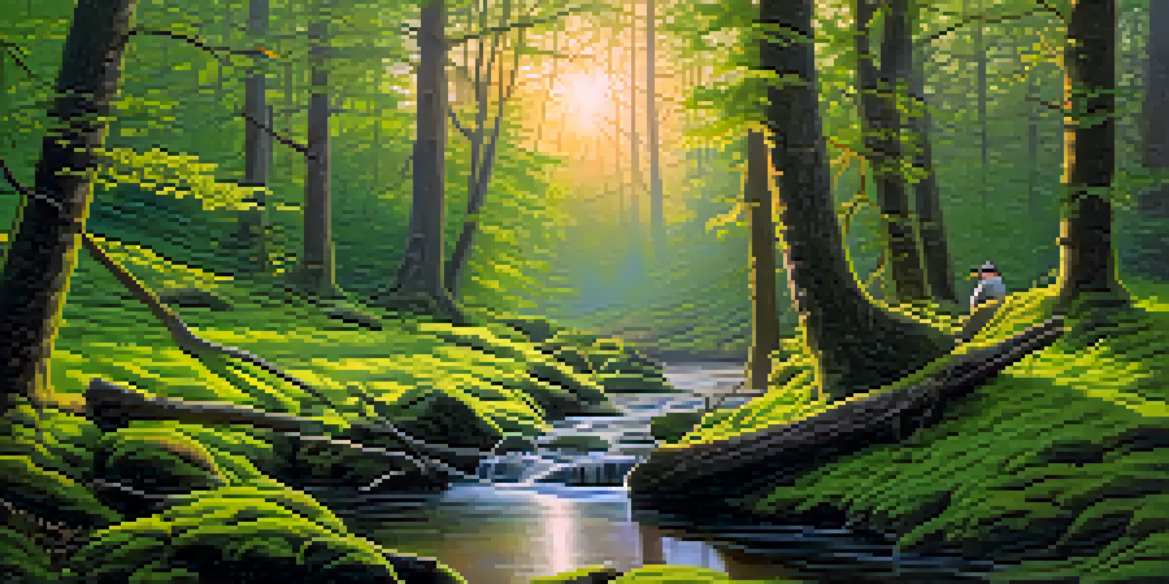 A peaceful forest scene at dawn with sunlight filtering through leaves and a small stream flowing.