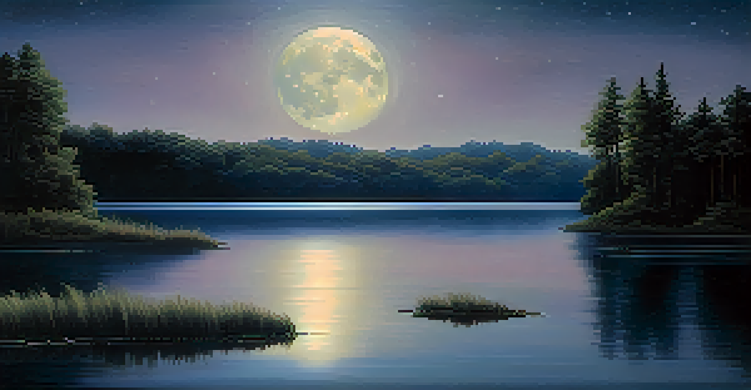 A tranquil lake reflecting the phases of the moon under a night sky, symbolizing contemplation and serenity.