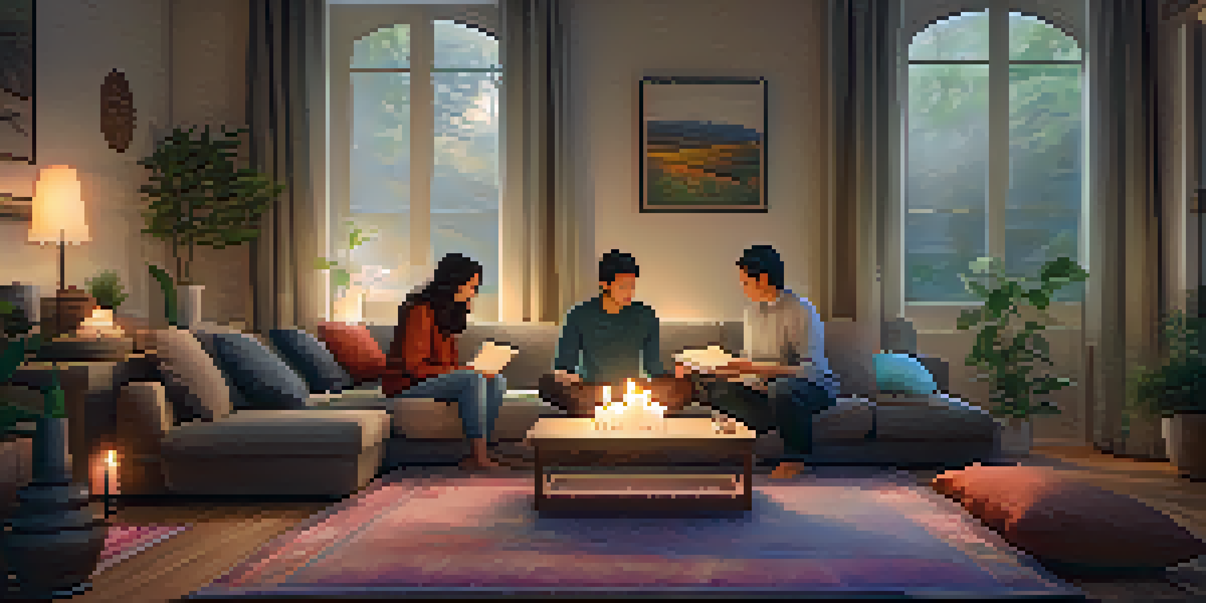 A family meditating together in a cozy living room with soft lighting and colorful cushions, while candles flicker nearby.