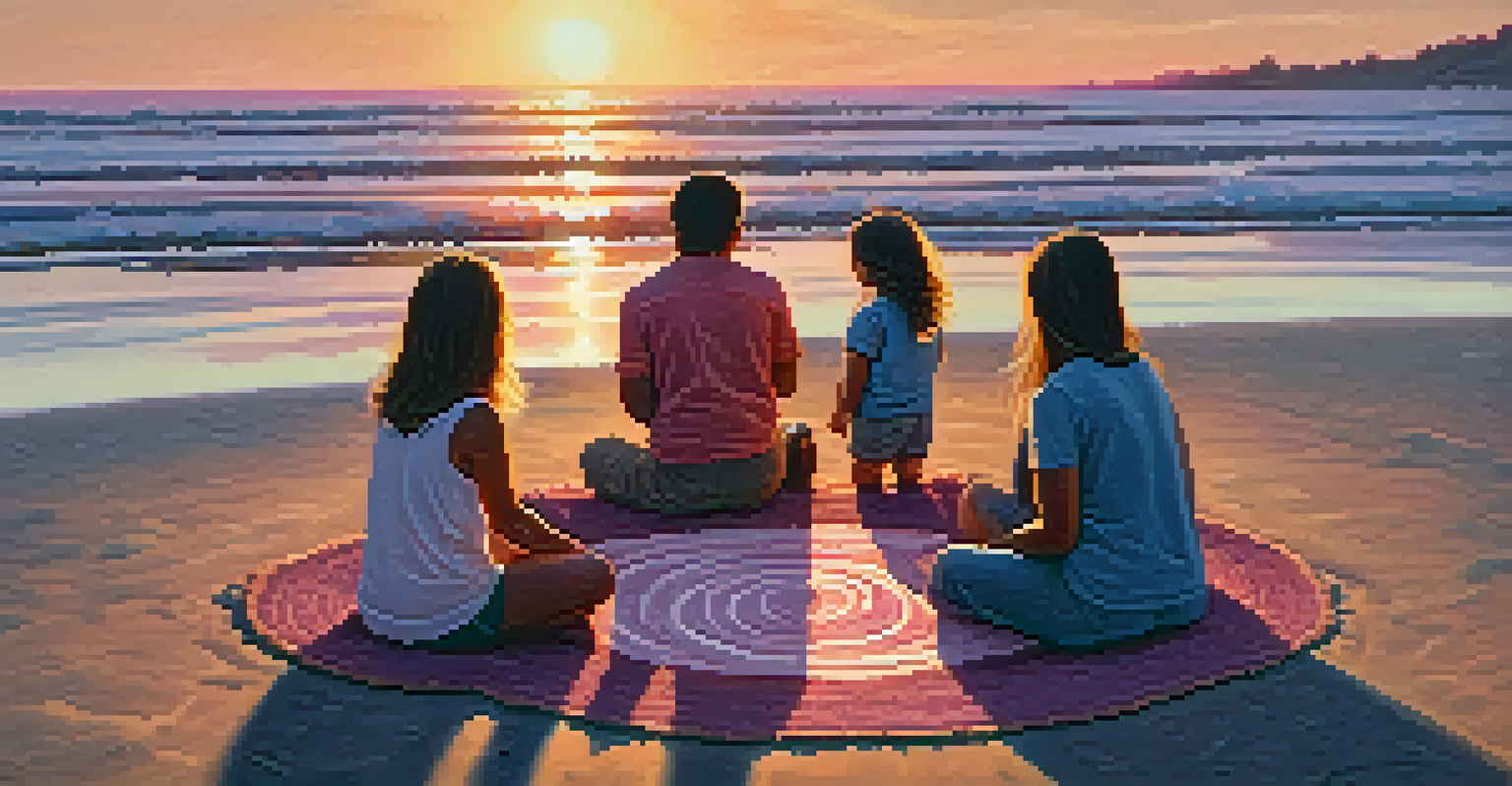 A family standing in a gratitude circle on the beach at sunset, holding stones and surrounded by warm colors of the sky.