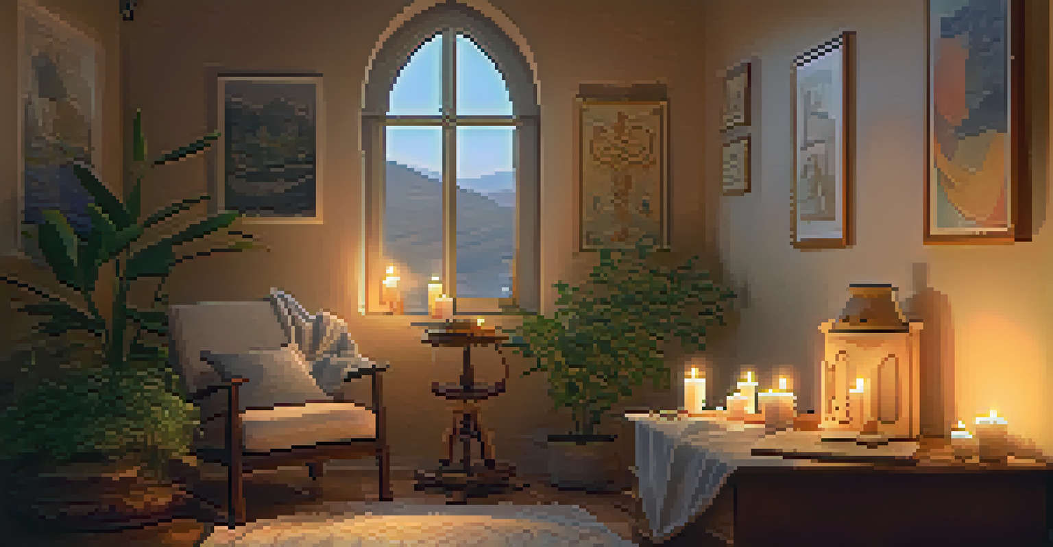A cozy room set up for spiritual reflection, with a chair, candles, and a journal on a table.