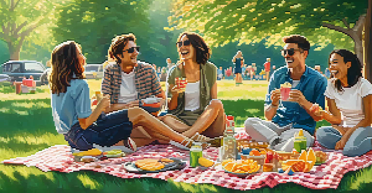 A group of friends having a picnic in a sunny park, surrounded by food, laughter, and colorful balloons.