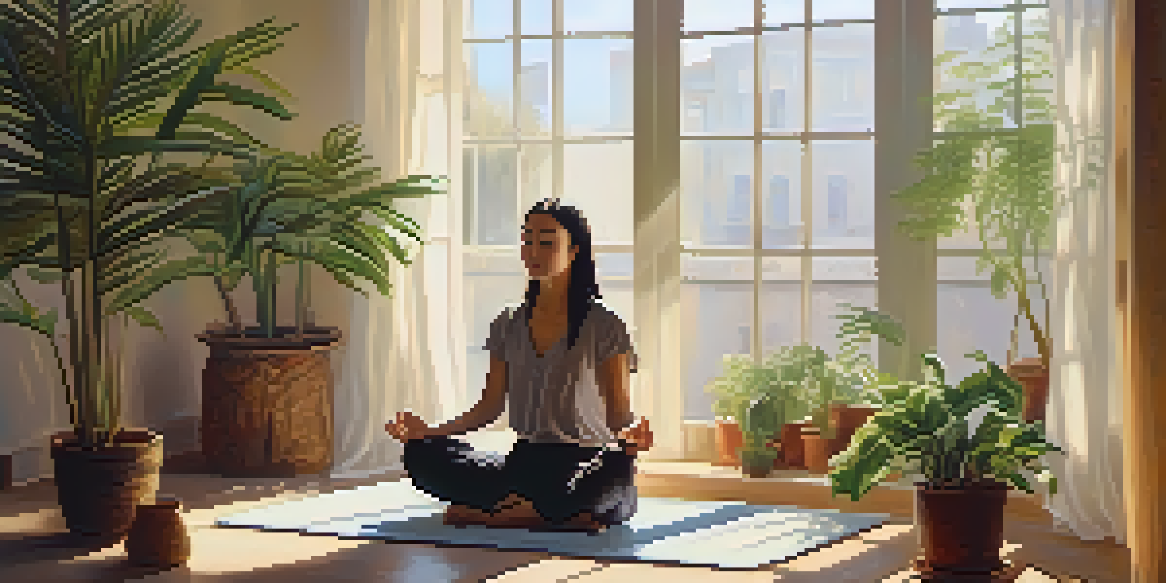 A person meditating in a sunlit room, surrounded by plants and calming decor.