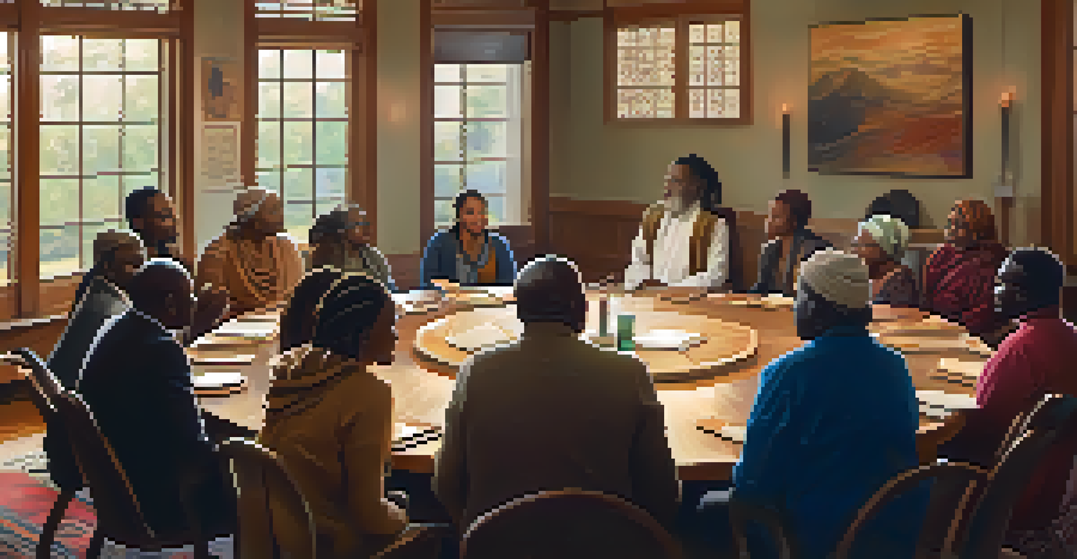 A spiritual leader engaging with community members in a warm, inviting room.