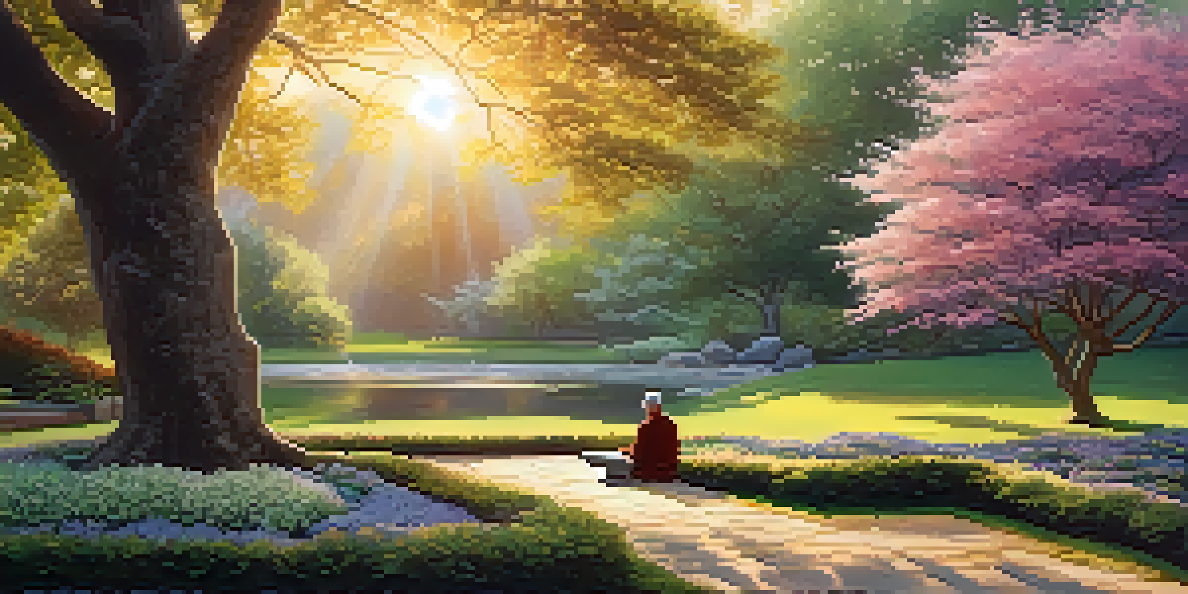 A peaceful garden at sunrise with a stone path, blooming flowers, a stream, and a person meditating under a tree.