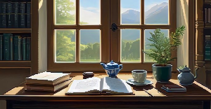A peaceful writing area with a journal, quill pen, ink pot, and a cup of tea, bathed in soft morning light.