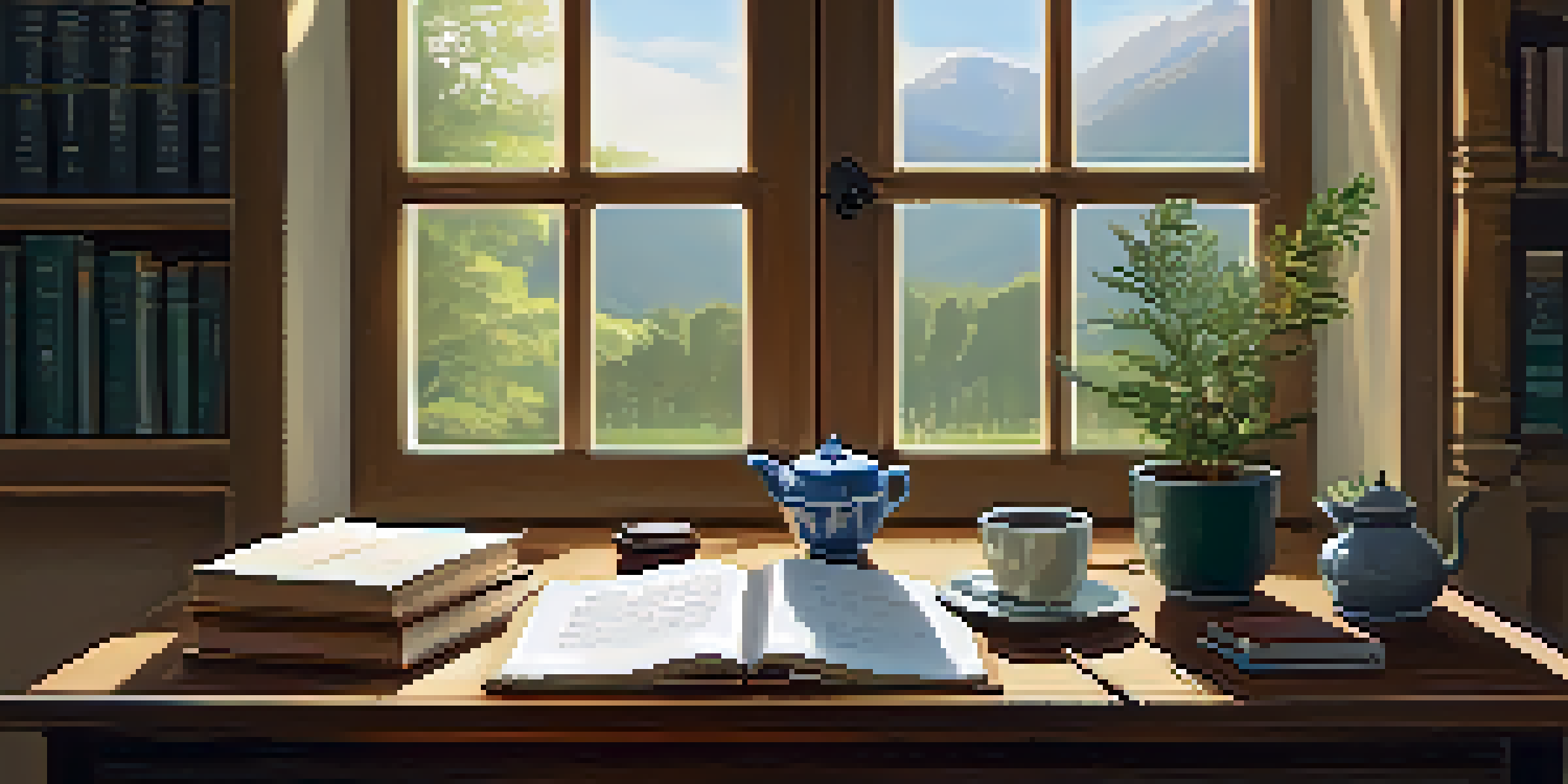 A peaceful writing area with a journal, quill pen, ink pot, and a cup of tea, bathed in soft morning light.