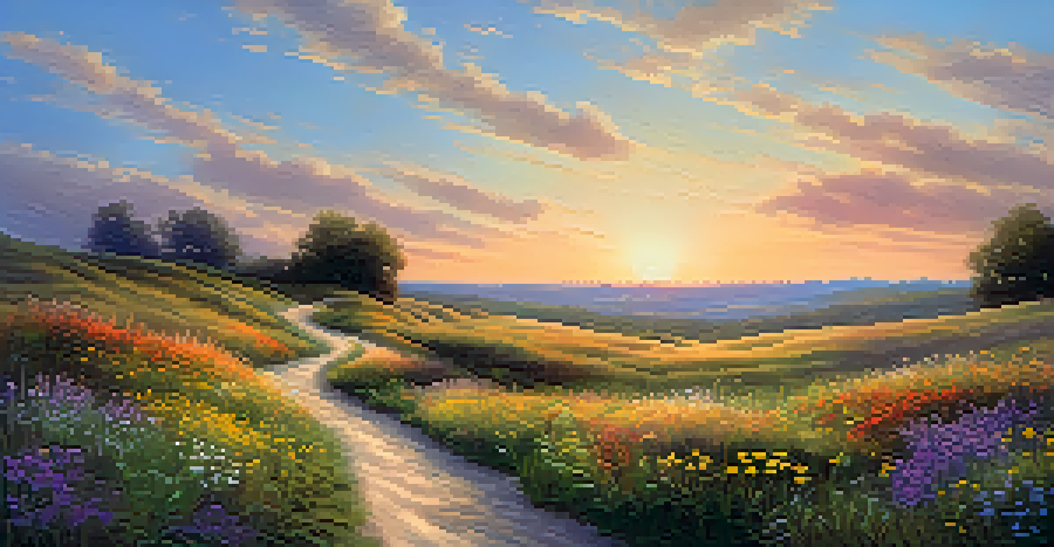 A winding path through a field of wildflowers, with a sunset creating a warm golden hue over the landscape.