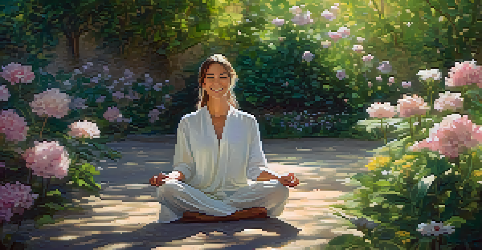A person meditating peacefully in a sunlit garden, surrounded by flowers, radiating calm and mindfulness.