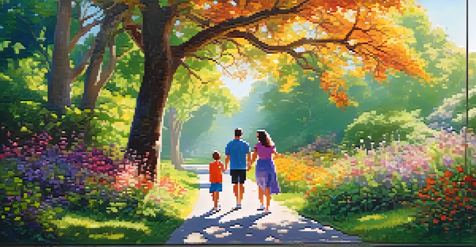 A family enjoying a nature walk, smiling and interacting among lush greenery and flowers, with sunlight filtering through the trees.