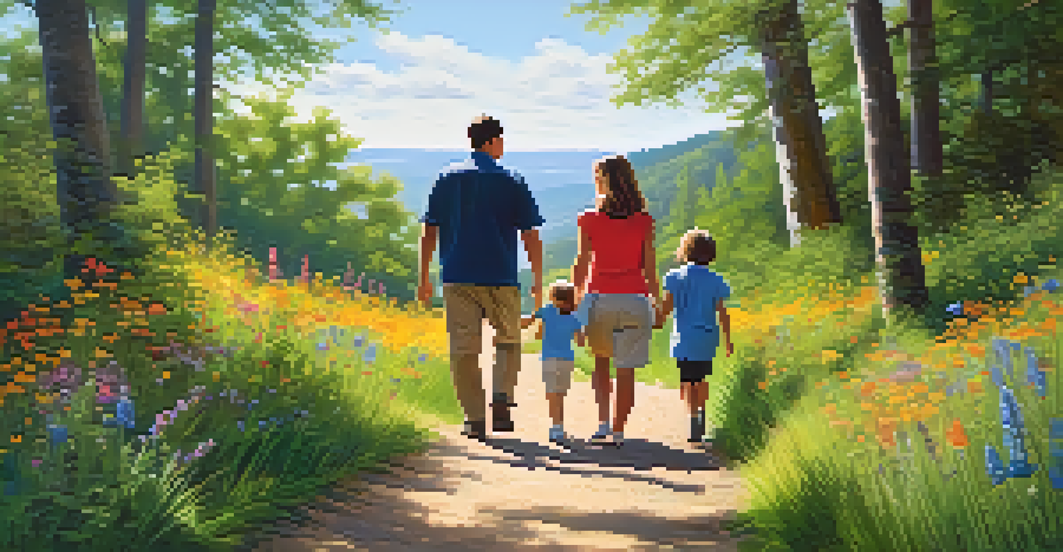 A family hiking on a sunny day, surrounded by nature, enjoying their time together with smiles.