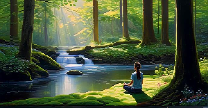 A person meditating in a peaceful forest, surrounded by trees and flowers, with sunlight streaming through the leaves.